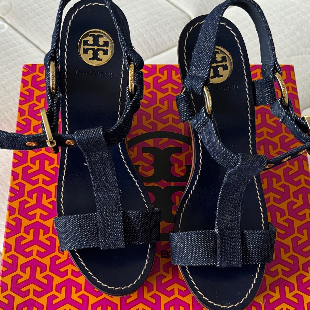 Tory Burch Beckett-Denim Blue Wedge Sandals with Gold Details Size 9